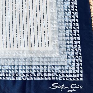 Stefano Guidi Blue Houndstooth Polka Dot Satin Scarf Italy Designer Abstract